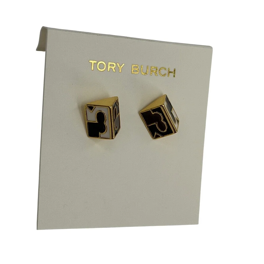 Tory Burch T-Logo Cube Stud Earrings Gold Black White Enamel Geometric Chic